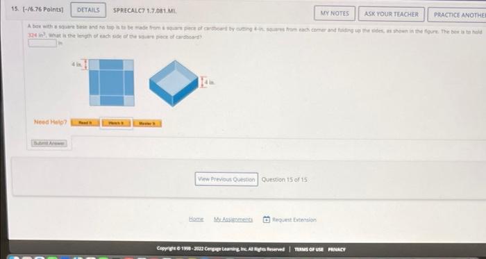 15 6 76 Points Details Sprecalc7 1 7 081 Mi Practice Another A Box With A Square Base And No Tup Is To Be Made From 1