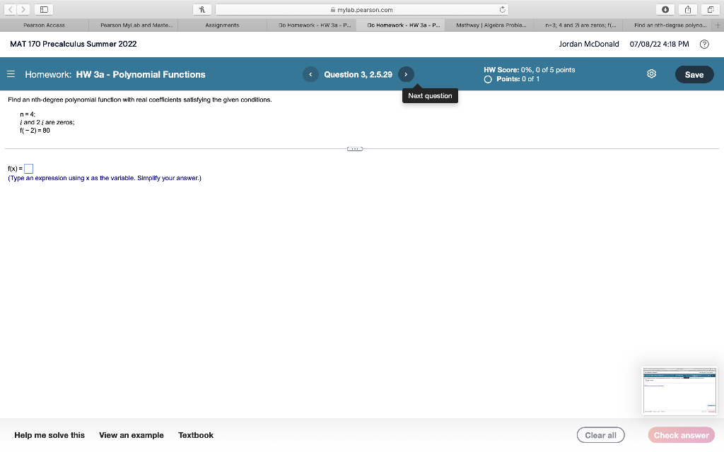 D Pearson Access Pearson Myl Ab And Maste Mat 170 Precalculus Summer 2022 Assignments Homework Hw 3a Polynomial Fu 1