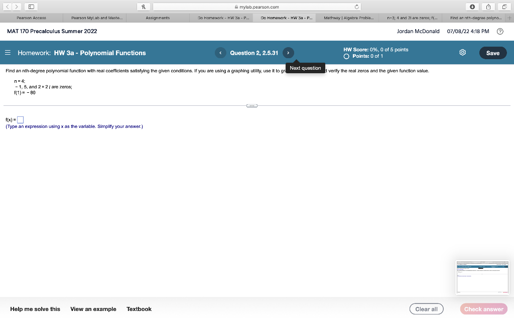 D Pearson Access Pearson Myl Ab And Maste Mat 170 Precalculus Summer 2022 Assignments Homework Hw 3a Polynomial Fu 1