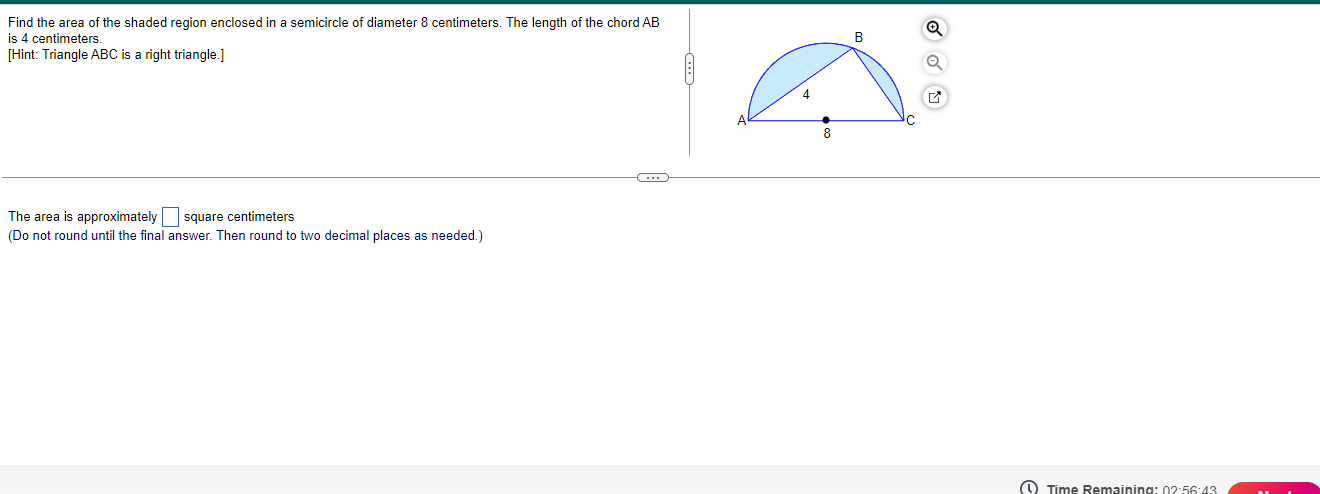 Find The Area Of The Shaded Region Enclosed In A Semicircle Of Diameter 8 Centimeters The Length Of The Chord Ab Is 4 C 1