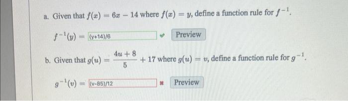 A Given That F X 6 14 Where F X Y Define A Function Rule For F F Y Y 14 6 B Given That G U 4u 8 1