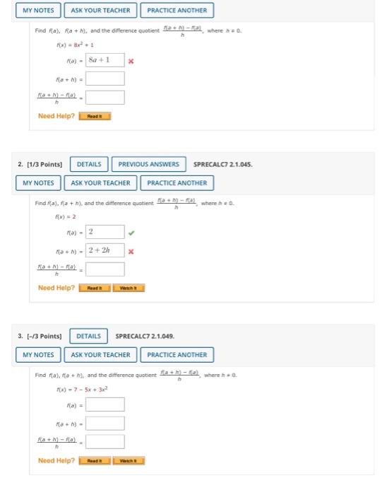My Notes Ask Your Teacher Practice Another Find Ra Ra H And The Difference Quotient Where 0 F X 8x 1 A Sa 1 F 1