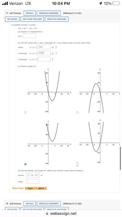 My Notes Ask Your T A Quadratic Function Is Given 1x 2 12x 24 A Express Fin Standard Form X X Teacher Vertex B 3