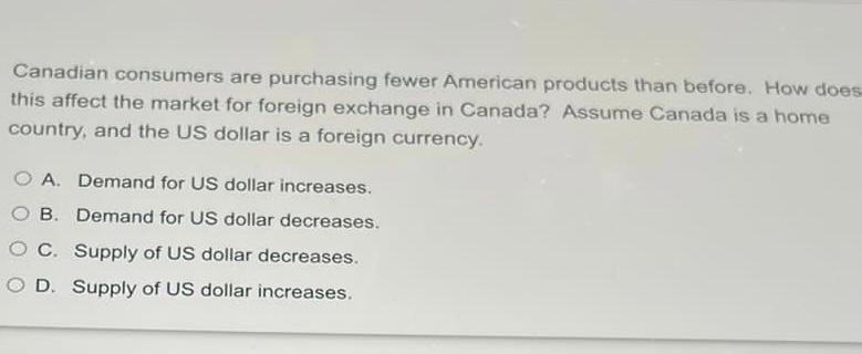 Canadian Consumers Are Purchasing Fewer American Products Than Before How Does This Affect The Market For Foreign Excha 1