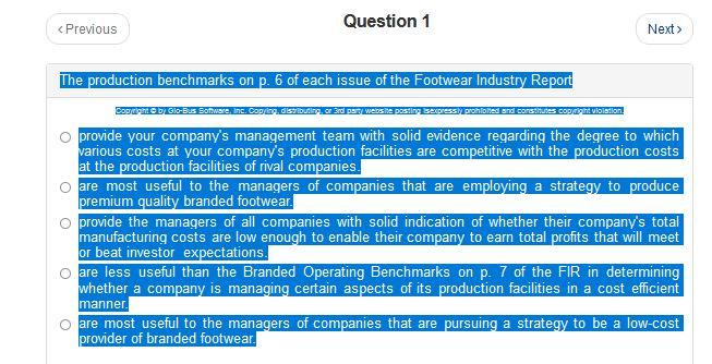 Previous Question 1 Next 0 The Production Benchmarks On P 6 Of Each Issue Of The Footwear Industry Report 3890 Do 3 1