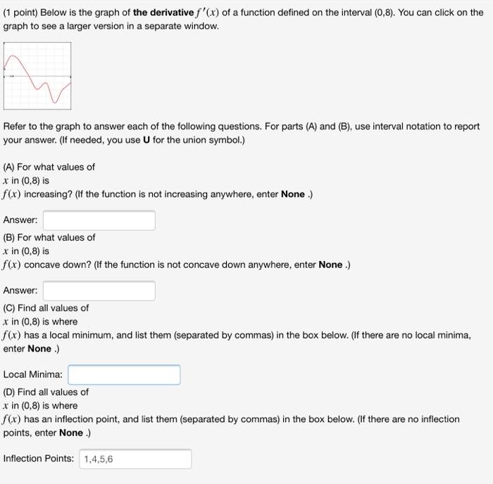 1 Point Below Is The Graph Of The Derivative F X Of A Function Defined On The Interval 0 8 You Can Click On The G 1