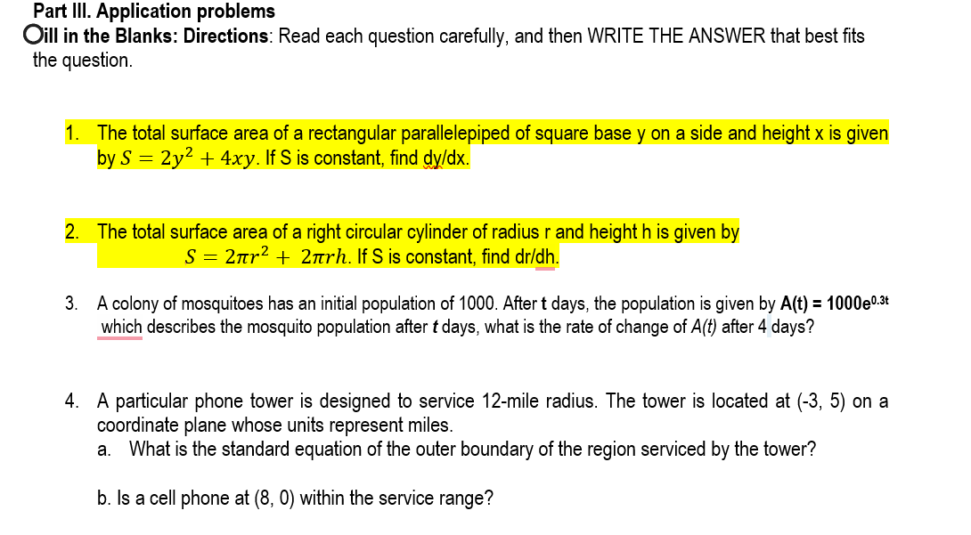 Part Iii Application Problems Oill In The Blanks Directions Read Each Question Carefully And Then Write The Answer T 1