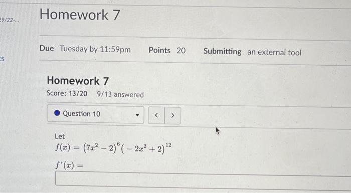 Homework 7 Due Tuesday By 11 59pm Homework 7 Score 13 20 9 13 Answered X Question 12 Dy Find For Y Dx Dy Dx 11 Sco 2