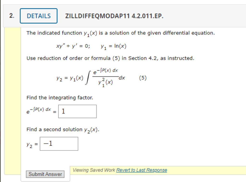 2 Details Zilldiffeqmodap11 4 2 011 Ep The Indicated Function Y X Is A Solution Of The Given Differential Equation 1