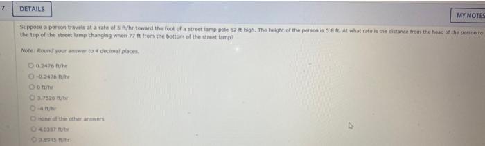 7 Details My Notes Suppose A Person Travels At A Rate Of 5 Ft Hr Toward The Foot Of A Street Lamp Pole 62 Ft High The 1