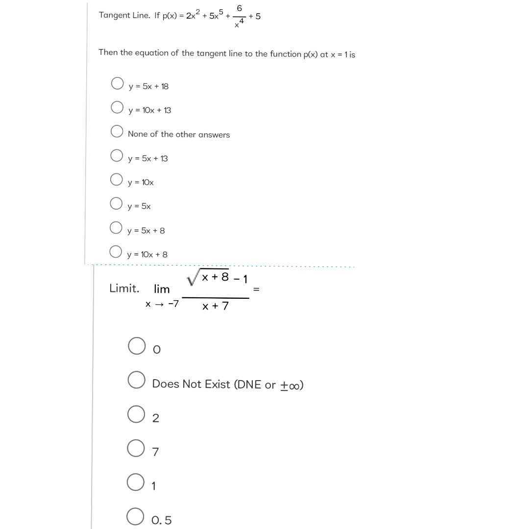 6 Tangent Line If P X 2x 5x5 Then The Equation Of The Tangent Line To The Function P X At X 1 Is O Y 5x 1