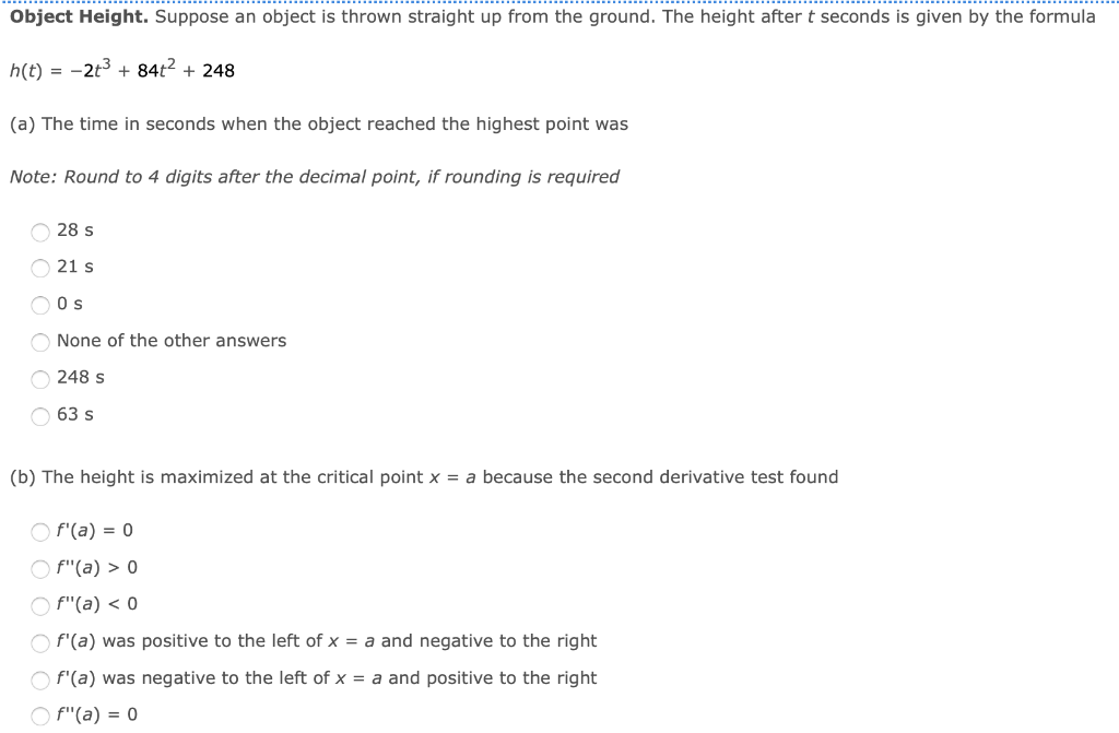 Object Height Suppose An Object Is Thrown Straight Up From The Ground The Height After T Seconds Is Given By The Formu 1