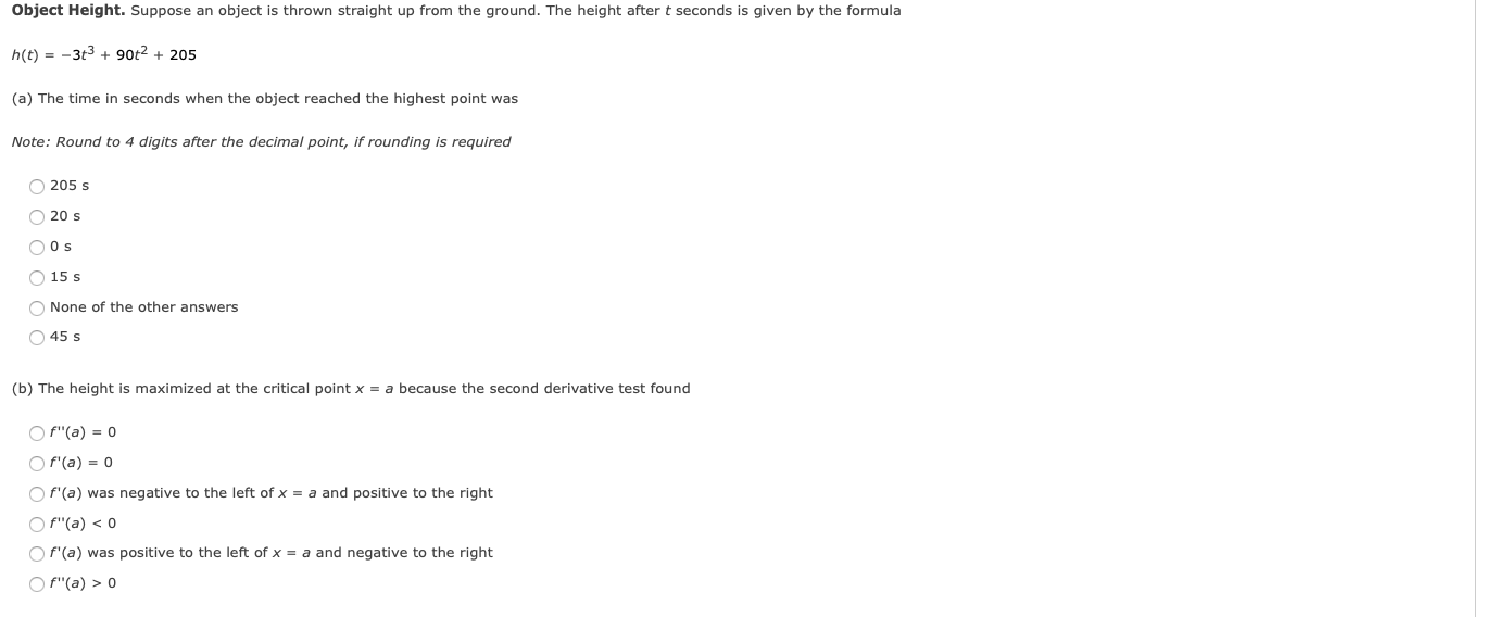 Object Height Suppose An Object Is Thrown Straight Up From The Ground The Height After T Seconds Is Given By The Formu 1