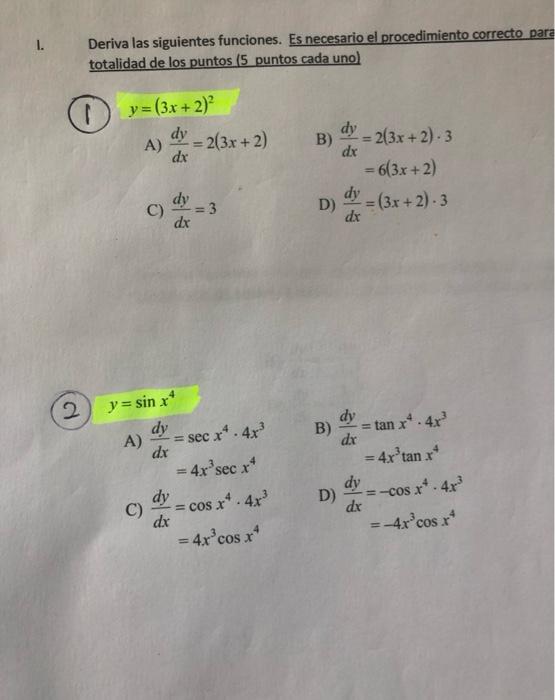 Deriva Las Siguientes Funciones Es Necesario El Procedimiento Correcto Para Totalidad De Los Puntos 5 Puntos Cada Uno 1