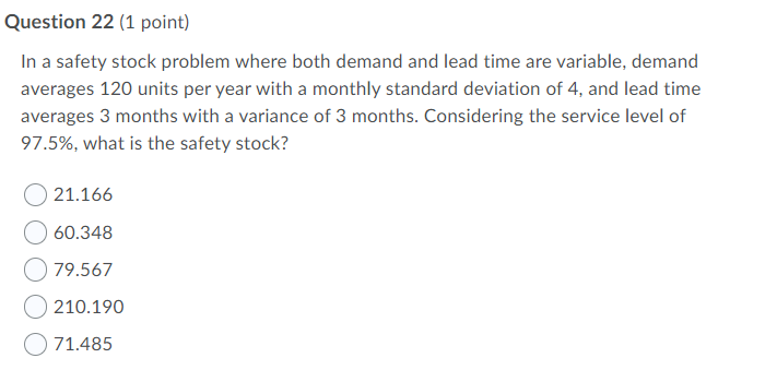 Question 22 1 Point In A Safety Stock Problem Where Both Demand And Lead Time Are Variable Demand Averages 120 Units 1