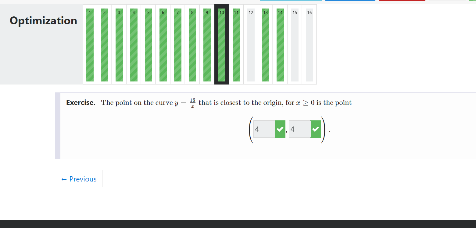 Optimization 10 Previous 12 13 4 14 Exercise The Point On The Curve Y 16 That Is Closest To The Origin For X 0 I 1