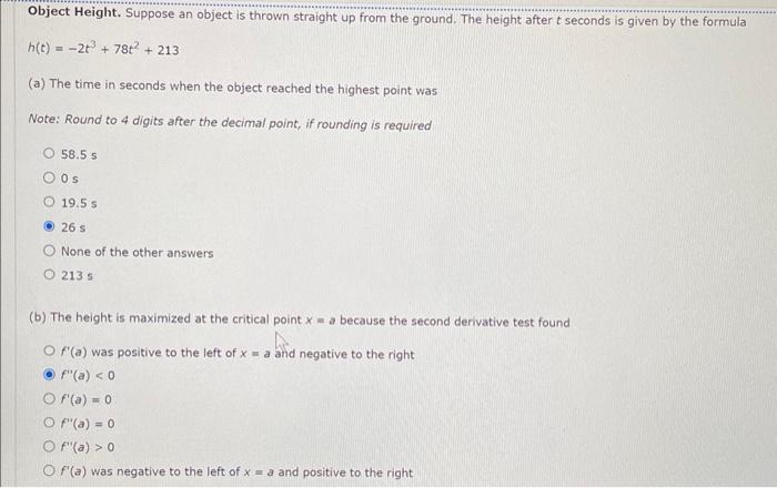 Object Height Suppose An Object Is Thrown Straight Up From The Ground The Height After T Seconds Is Given By The Formu 1