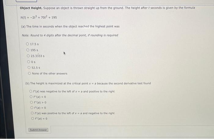 Object Height Succose An Object Thrown Straight Up From The Ground The Beght Aftert Seconds Given By The Formula Hots 2