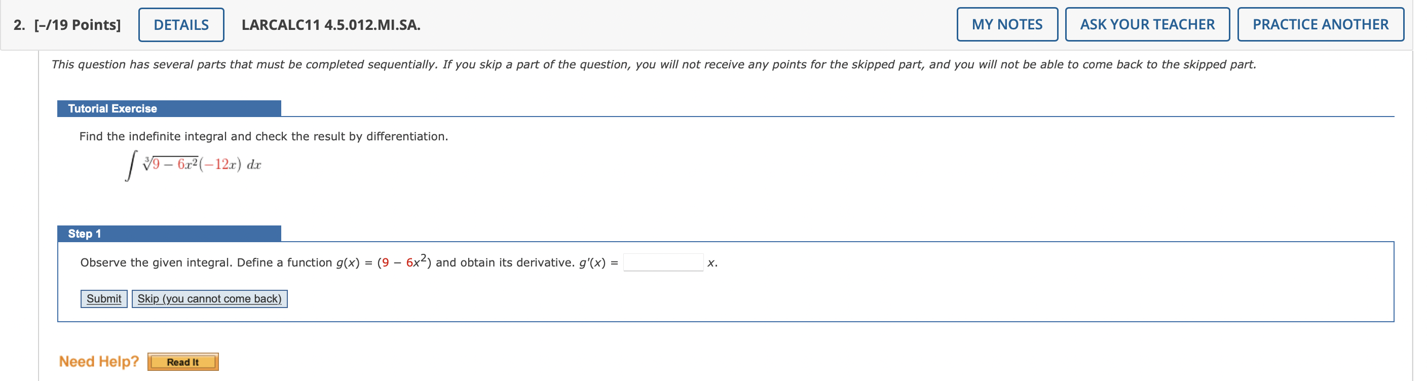 2 19 Points Details Larcalc11 4 5 012 Mi Sa Tutorial Exercise Find The Indefinite Integral And Check The Result By 1