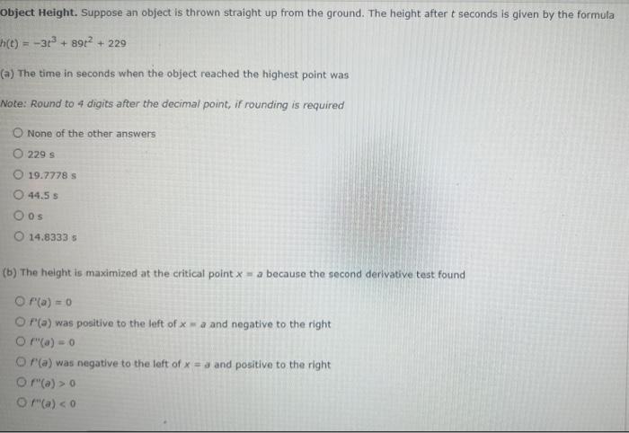Object Height Suppose An Object Is Thrown Straight Up From The Ground The Height After T Seconds Is Given By The Formu 1