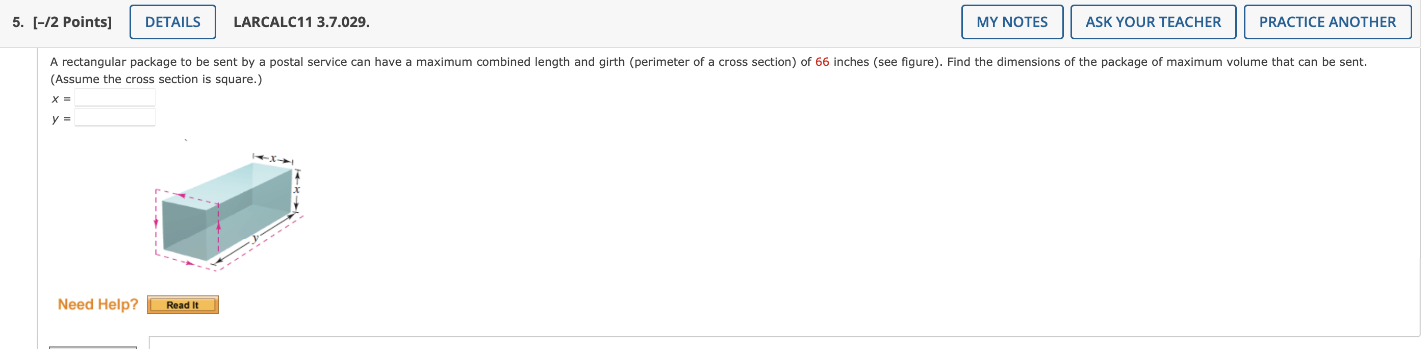 5 2 Points Details Larcalc11 3 7 029 Y My Notes Need Help Read It Ask Your Teacher A Rectangular Package To Be 1