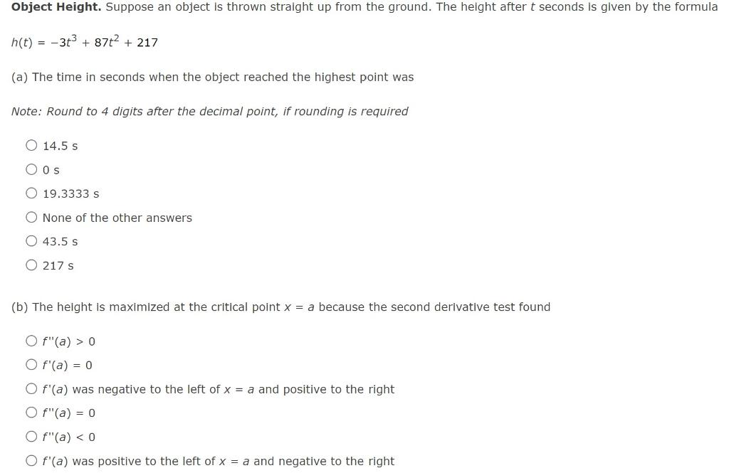 Object Height Suppose An Object Is Thrown Straight Up From The Ground The Height After T Seconds Is Given By The Formu 1