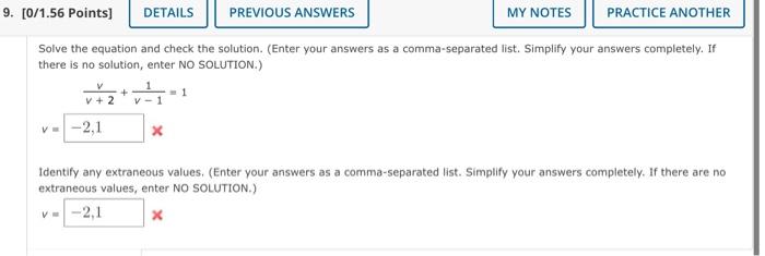 9 0 1 56 Points Details Previous Answers My Notes Practice Another Solve The Equation And Check The Solution Enter 1