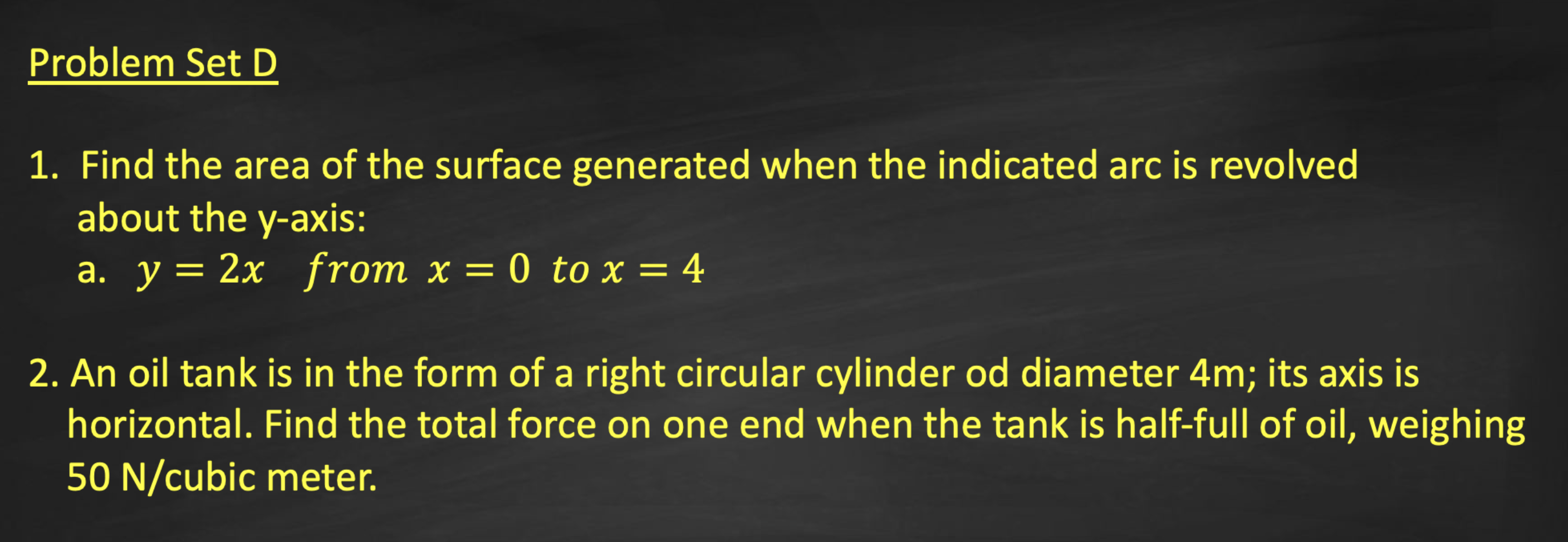 Problem Set D 1 Find The Area Of The Surface Generated When The Indicated Arc Is Revolved About The Y Axis A Y 2x F 1