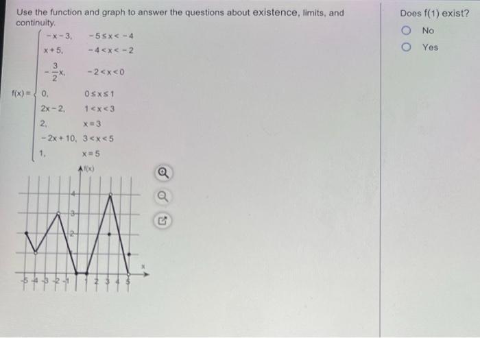 Use The Function And Graph To Answer The Questions About Existence Limits And Continuity X 3 X 5 3 X F X 0 1