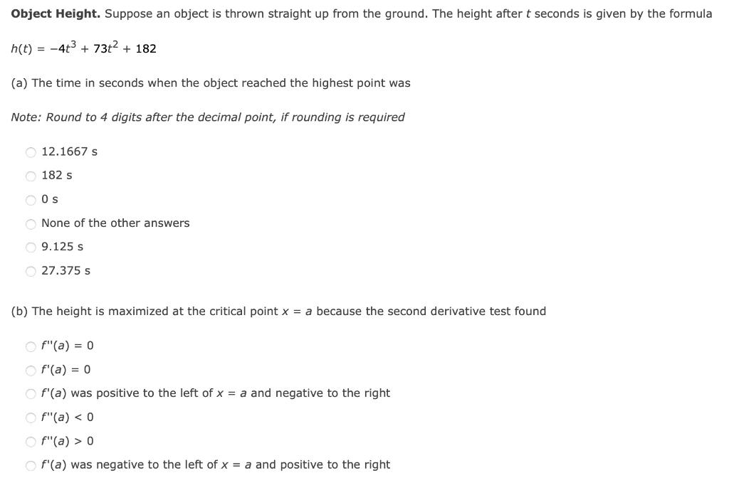 Object Height Suppose An Object Is Thrown Straight Up From The Ground The Height After T Seconds Is Given By The Formu 1
