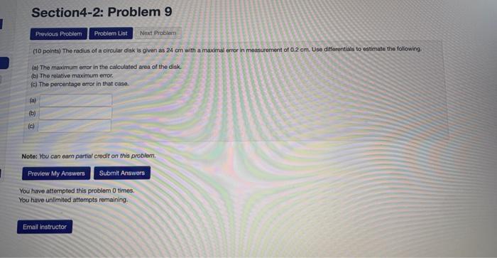 Section4 2 Problem 9 Previous Problem Problem List 10 Points The Radius Of A Circular Disk Is Given As 24 Cm With A M 1