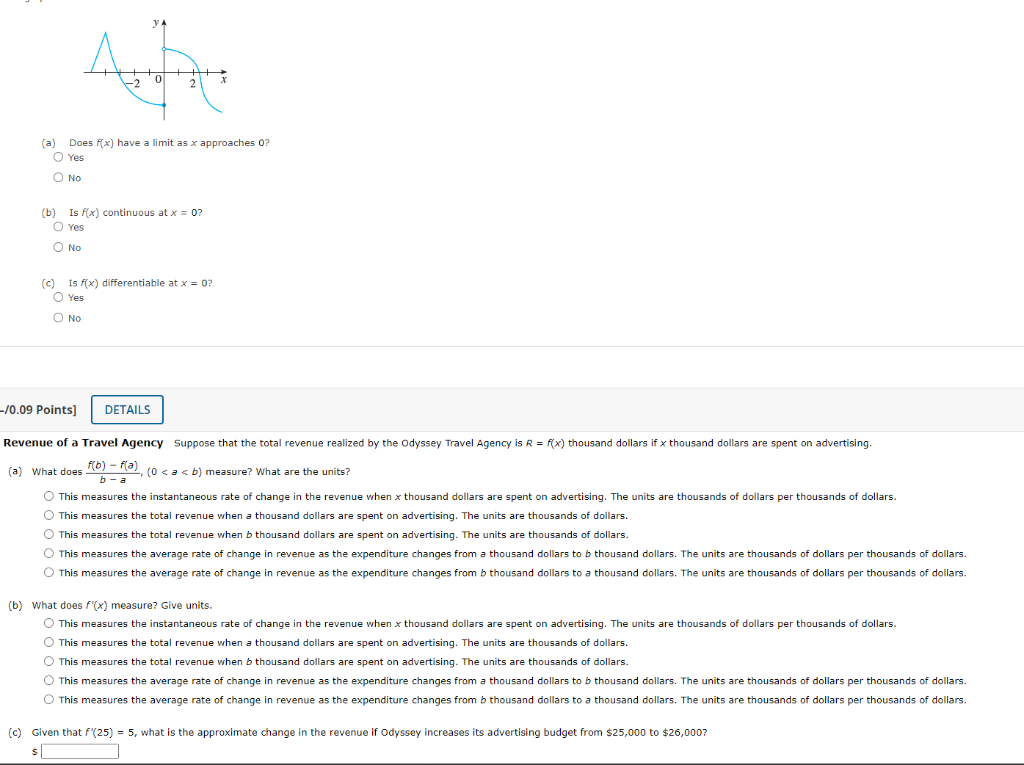 A Does F X Have A Limit As X Approaches 0 O Yes O No The B Is F X Continuous At X 0 O Yes O No C Is F X Dif 1