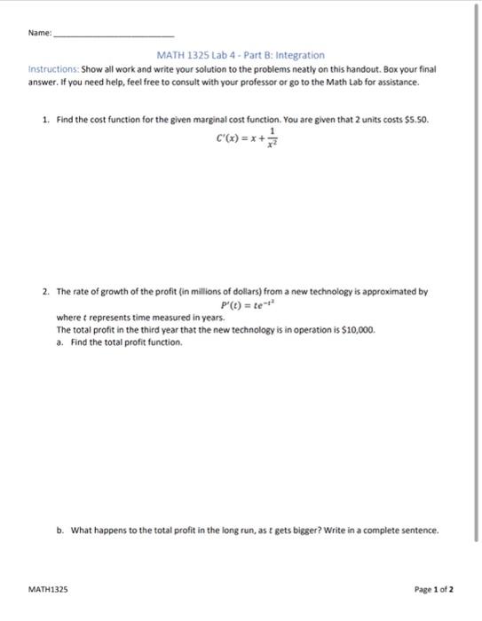 Name Math 1325 Lab 4 Part B Integration Instructions Show All Work And Write Your Solution To The Problems Neatly O 1