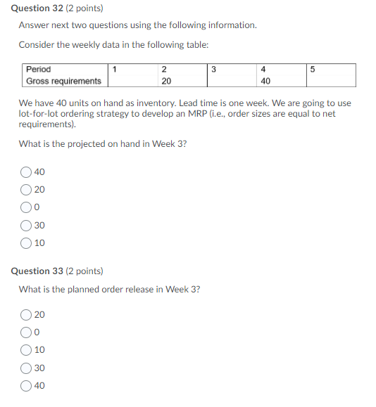 Question 32 2 Points Answer Next Two Questions Using The Following Information Consider The Weekly Data In The Follow 1
