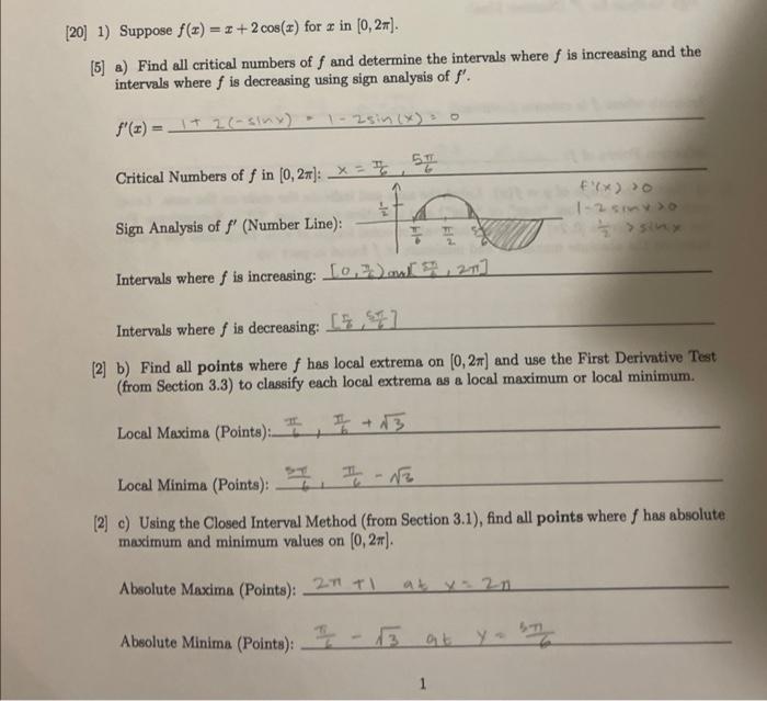 20 1 Suppose F X 2 2 Cos Z For Z In 0 27 5 A Find All Critical Numbers Of F And Determine The Intervals Wher 1