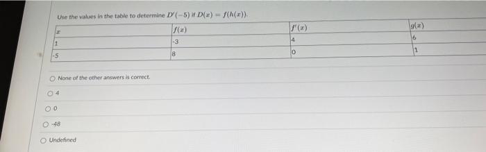 Use The Values In The Table To Determine D 5 If D X F H R 2 1 5 O None Of The Other Answers Is Correct 00 O 48 1
