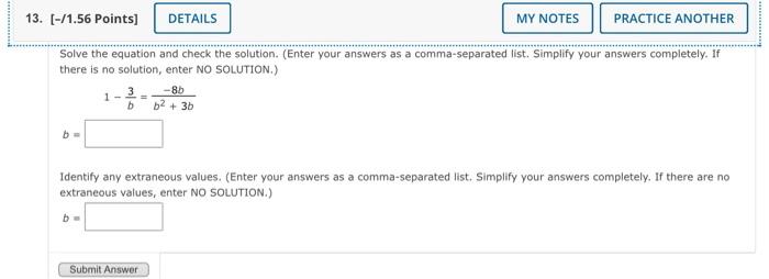 13 1 56 Points Solve The Equation And Check The Solution Enter Your Answers As A Comma Separated List Simplify Y 1