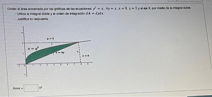 Obten El Area Encerrada Por Las Graficas De Las Ecuaciones Y X 4y X X 8 Y 2 Y El Eje X Por Medio De La Integral D 1