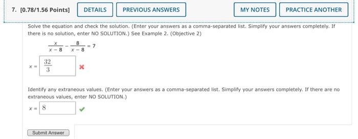 7 0 78 1 56 Points Previous Answers Solve The Equation And Check The Solution Enter Your Answers As A Comma Separat 1