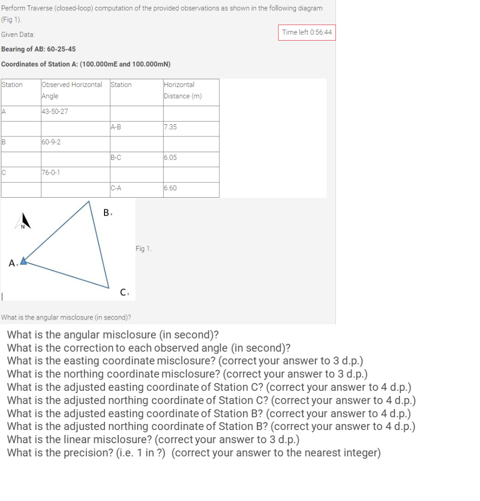 Perform Traverse Closed Loop Computation Of The Provided Observations As Shown In The Following Diagram Fig 1 Given 1