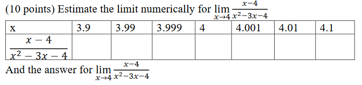 10 Points Estimate The Limit Numerically For Lim X 3 9 3 99 3 999 4 X 4 X 3x4 And The Answer For Lim X 4 X 4x 3x 4 1