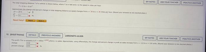 The Total Stapping Dance Of A Vehicle Is Shown Below Where Is In Feet And Is The Speed In Mes Per Hour T 2 5 0 5 Appro 1
