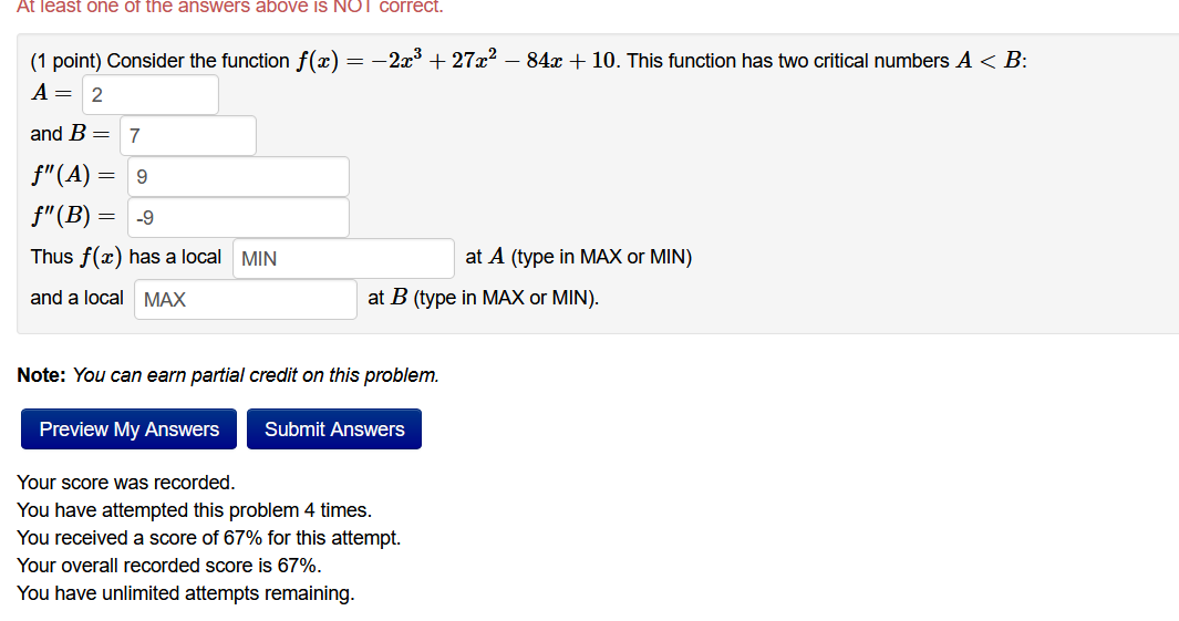 At Least One Of The Answers Above Is Not Correct 1 Point Consider The Function F X A 2 And B 7 F A 9 F B 1