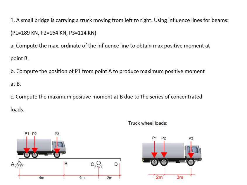 1 A Small Bridge Is Carrying A Truck Moving From Left To Right Using Influence Lines For Beams P1 189 Kn P2 164 Kn 1