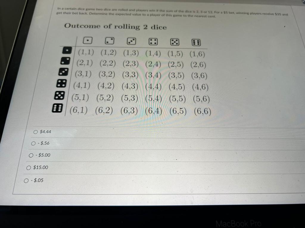 O 4 44 O 56 0 5 00 O 15 00 05 In A Certain Dice Game Two Dice Are Rolled And Players Win If The Sum Of The Di 1