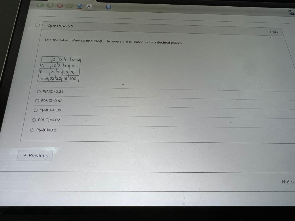 A Question 25 Cde Total 10 7 13 30 22 15 33 70 Total 32 22 46 100 B Use The Table Below To Find P A C Answers Are Roun 1