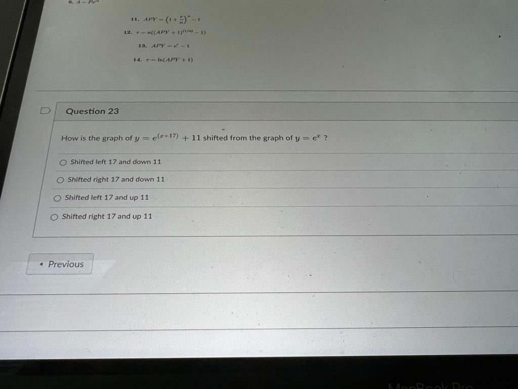 Question 23 11 Apy 1 2 12 N Apy 1 1 1 13 Apy 1 14 R In Apy 1 How Is The Graph Of Y E 17 11 Shifted 1