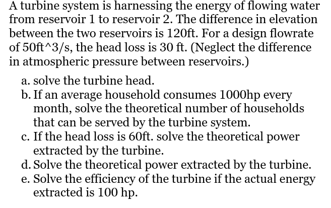 A Turbine System Is Harnessing The Energy Of Flowing Water From Reservoir 1 To Reservoir 2 The Difference In Elevation 1