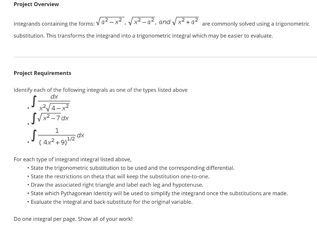 Project Overview Integrands Containing The Forms A X X A And X A Are Commonly Solved Using A Trigonometri 1