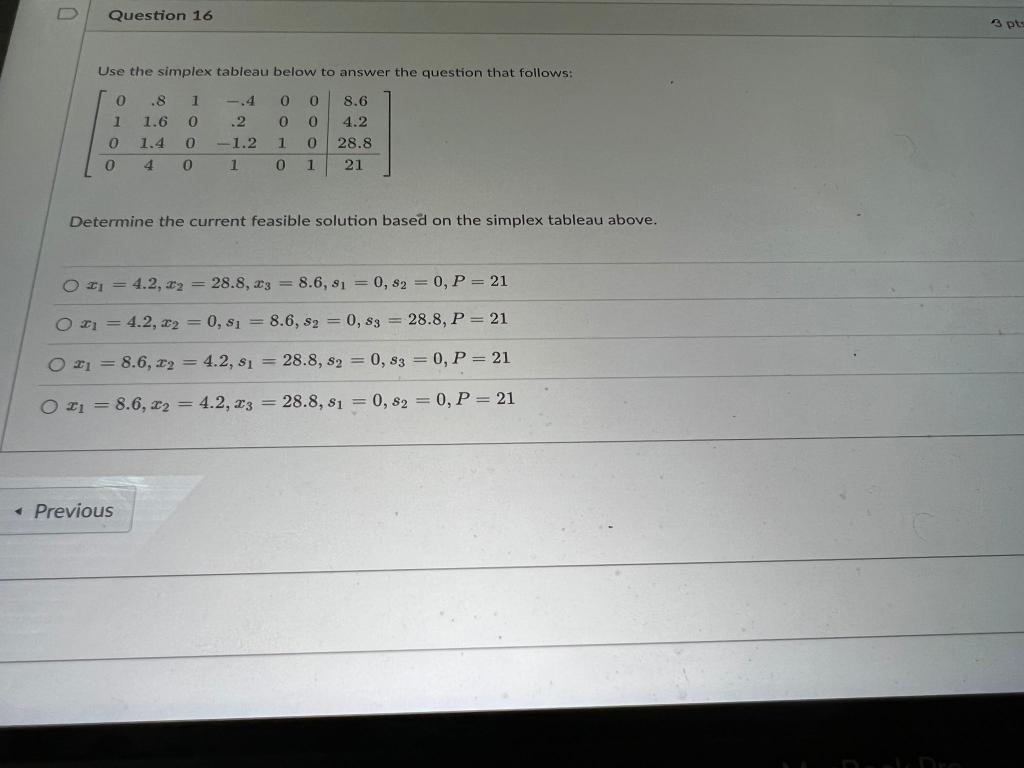 Question 16 Use The Simplex Tableau Below To Answer The Question That Follows 0 8 1 4 0 0 1 1 6 0 1 4 0 40 0 0 2 1 1